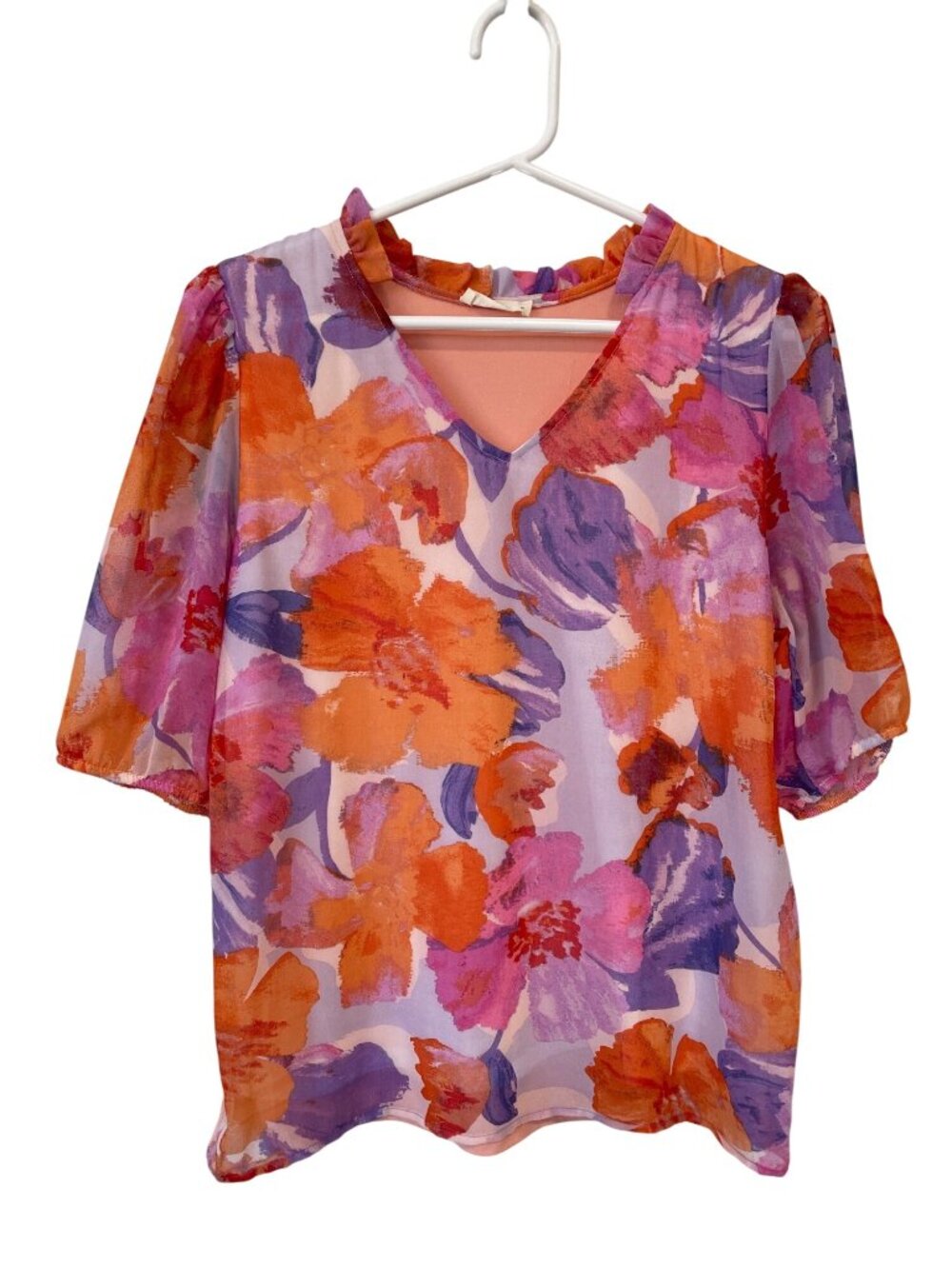 Les Amis Blouse Medium Floral Sheer Sleeve Ruffle V-Neck Peach Multicolor Boho